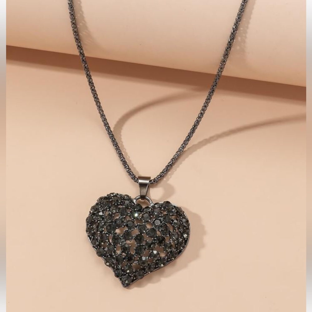 Gunmetal Black Rhinestone Hollow Heart Pendant, Long Sweater Chain Necklace